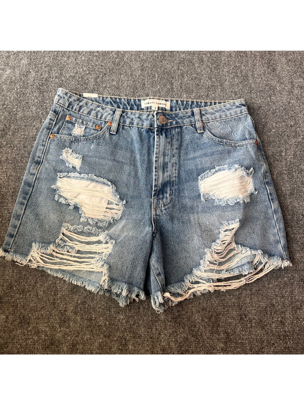 Almost Famous Denim Shorts Womens Size 9 Distressed Frayed Hem Festival Jean